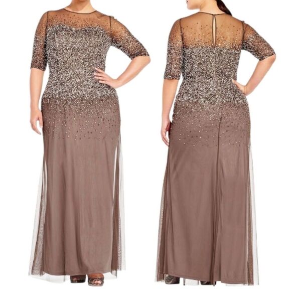 Adrianna Papell Beaded Illussion  Party Gothic Boho Maxi Gown Size 22W Lead/Gray - Picture 3 of 14